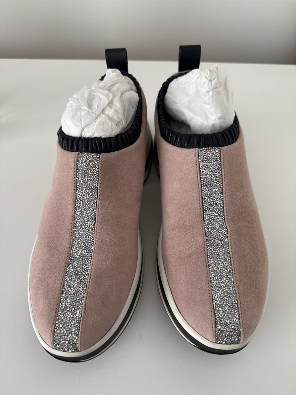 Stuart Weitzman Blush Pink Slip-On Sneakers with Silver Glitter Stripe